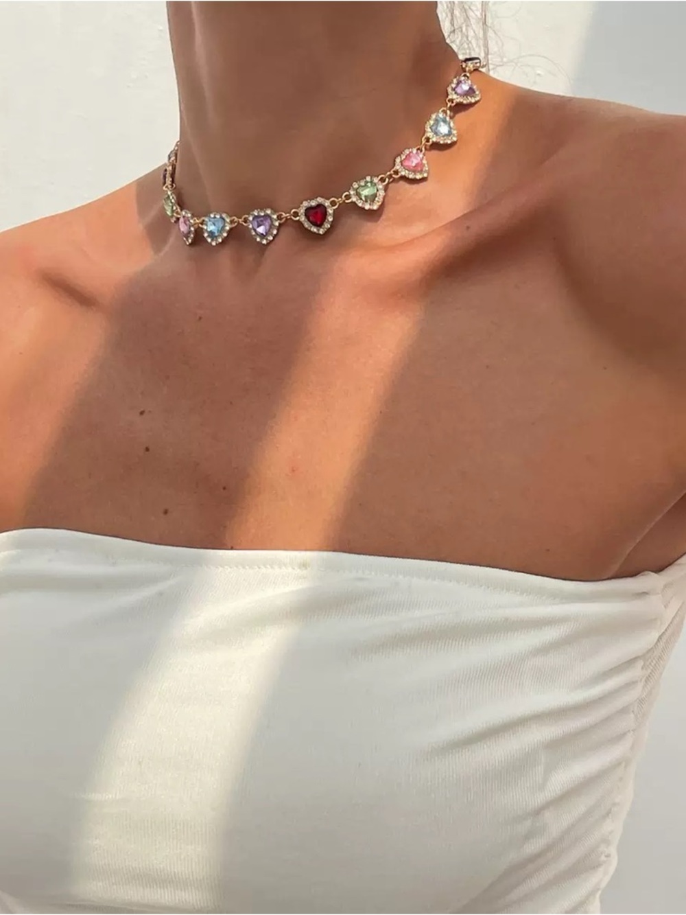 Anthropologie Gold Heart Choker with Multicolor Gemstones